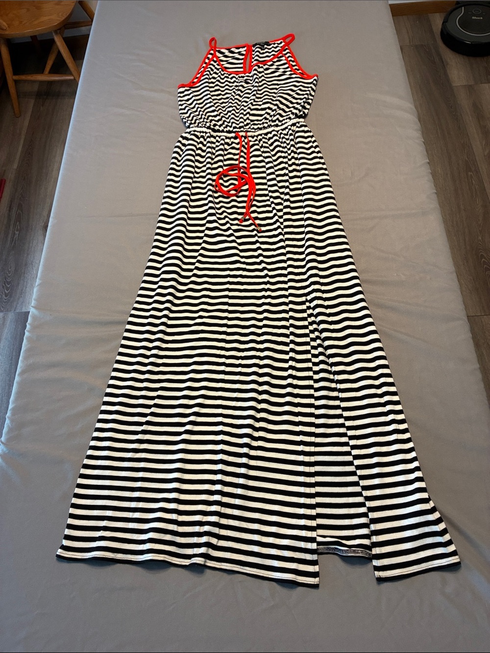 Premise Black & White Striped Maxi Dress with Red Trim and Drawstring